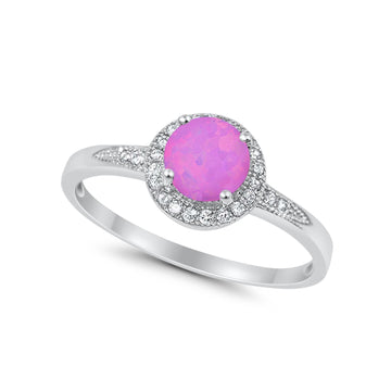 Halo Art Deco Engagement Ring Round Lab Created Pink Opal 925 Sterling Silver